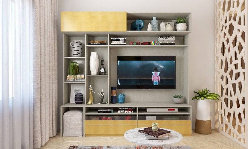 A Modern Living Room With A TV Unit Designed With Storage
