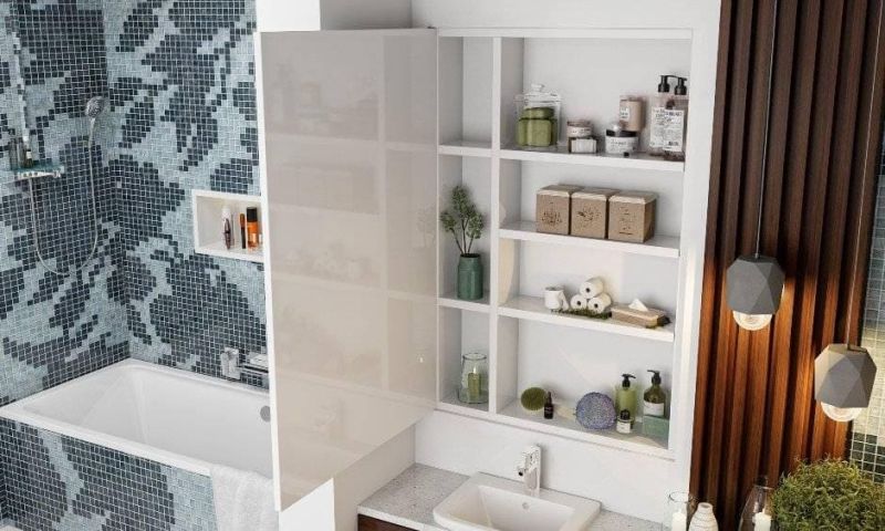A Bathroom Designed With Floral Mosaic Tiles