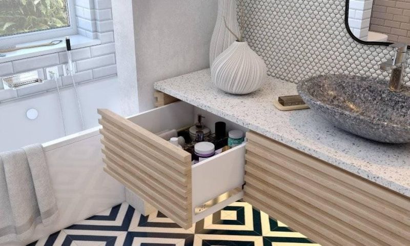 A Modern Bathroom Design With Clean Lines And Patterned Flooring